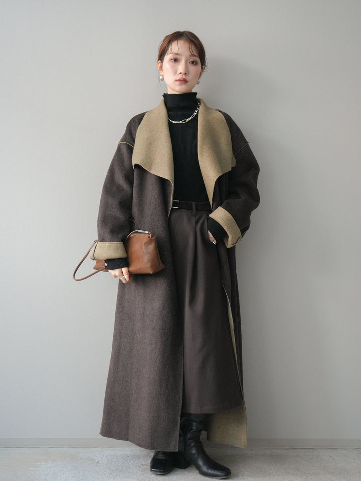 [予約]ダブルフェイスバイカラーロングコート/khaki