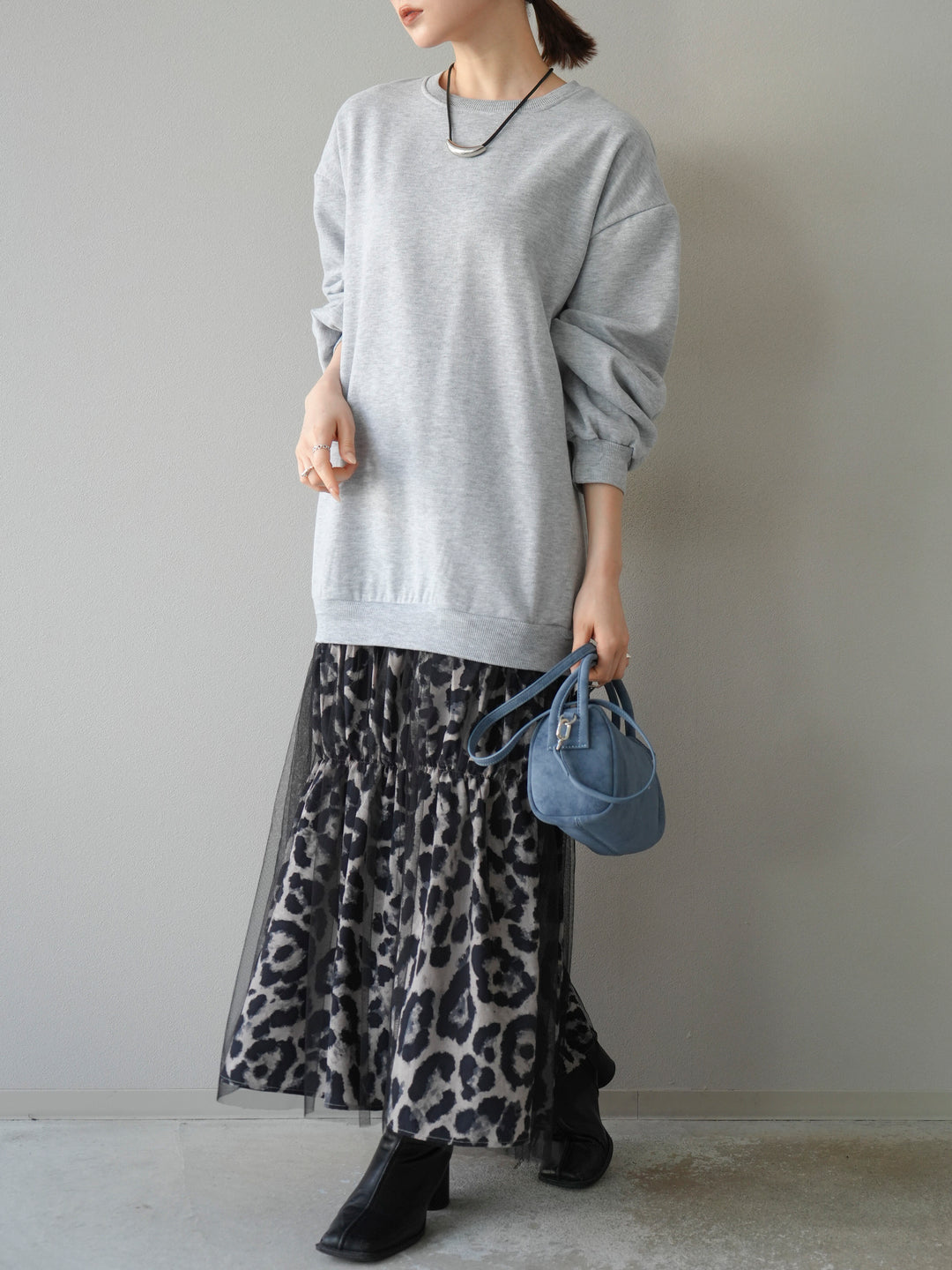 [予約]スウェットドッキングアニマル柄レイヤードワンピース/グレー