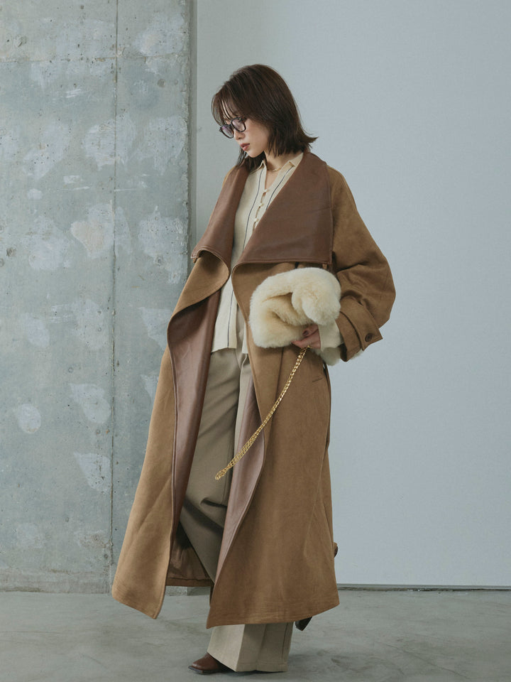 【Allure】[SET]レザーカラースウェードロングコート+リブ配色ラインポロニットカーディガン(2set)