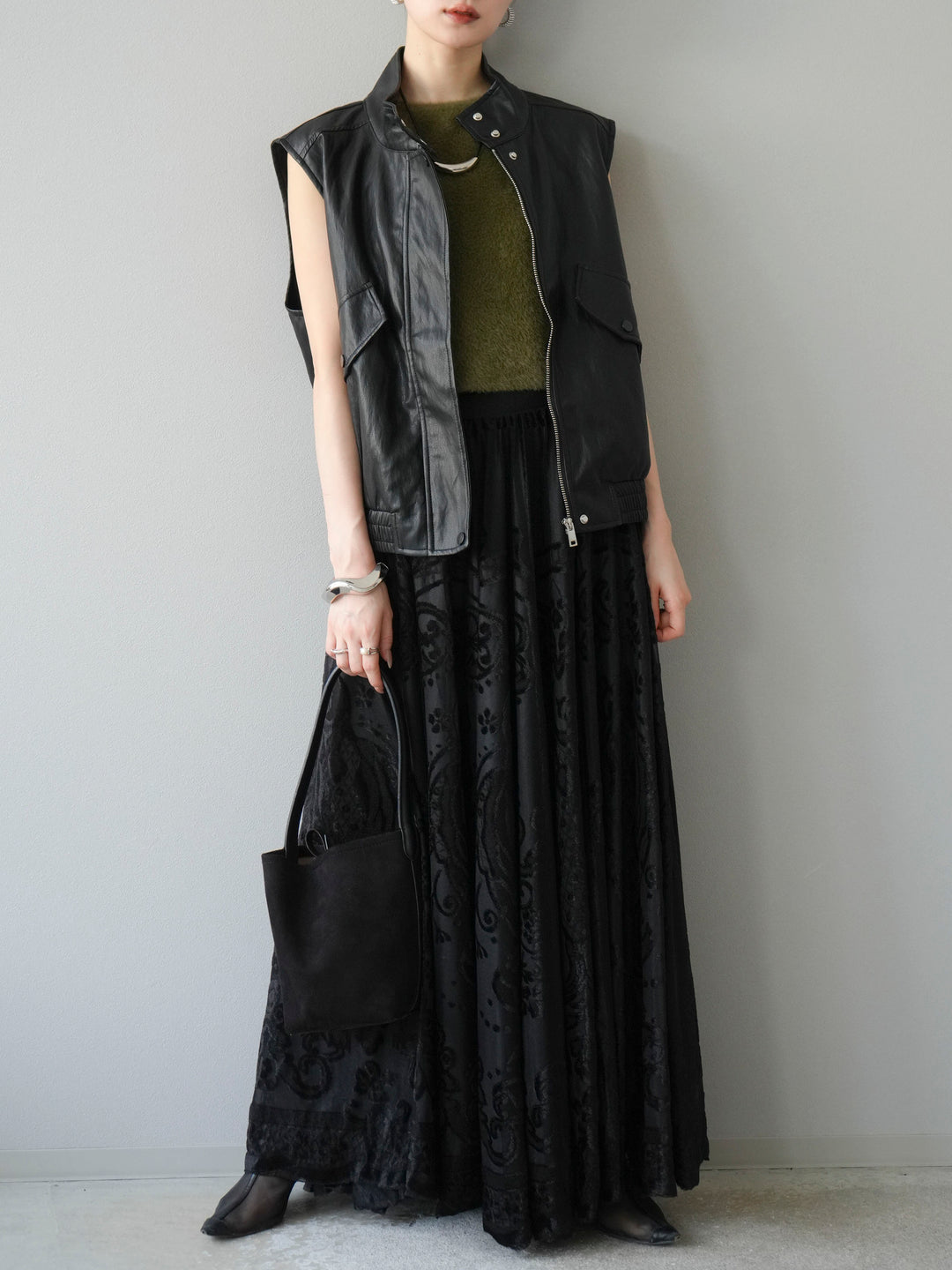 [予約]アンティーク柄フロッキーマキシスカート/ブラック