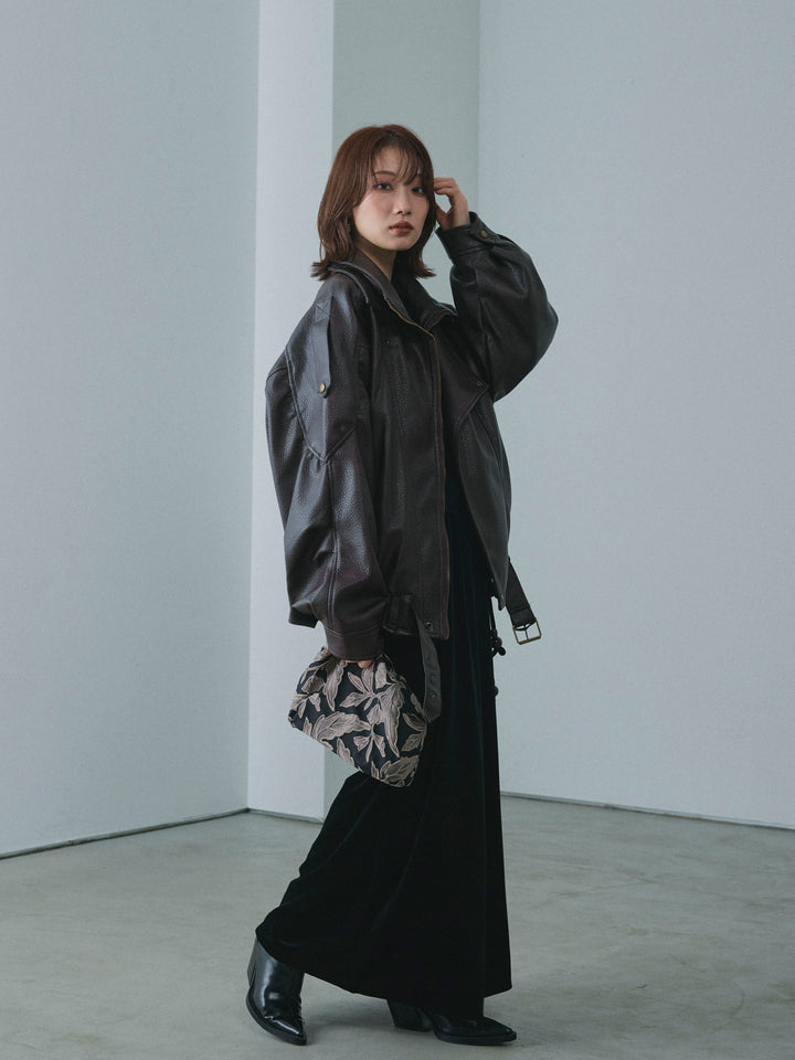 【Allure】[SET]スタンドカラーレザーブルゾン+ワンショルケーブル編みニット+ベロアナロースカート(3set)