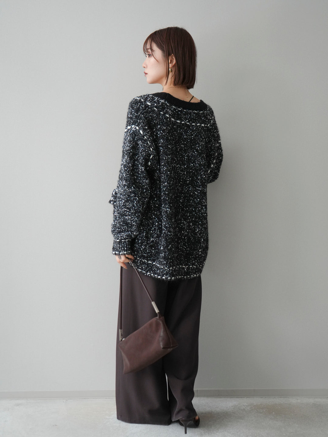 [SET]ブークレハンドステッチニットカーディガン+ベルトループデザインワイドパンツ(2set)