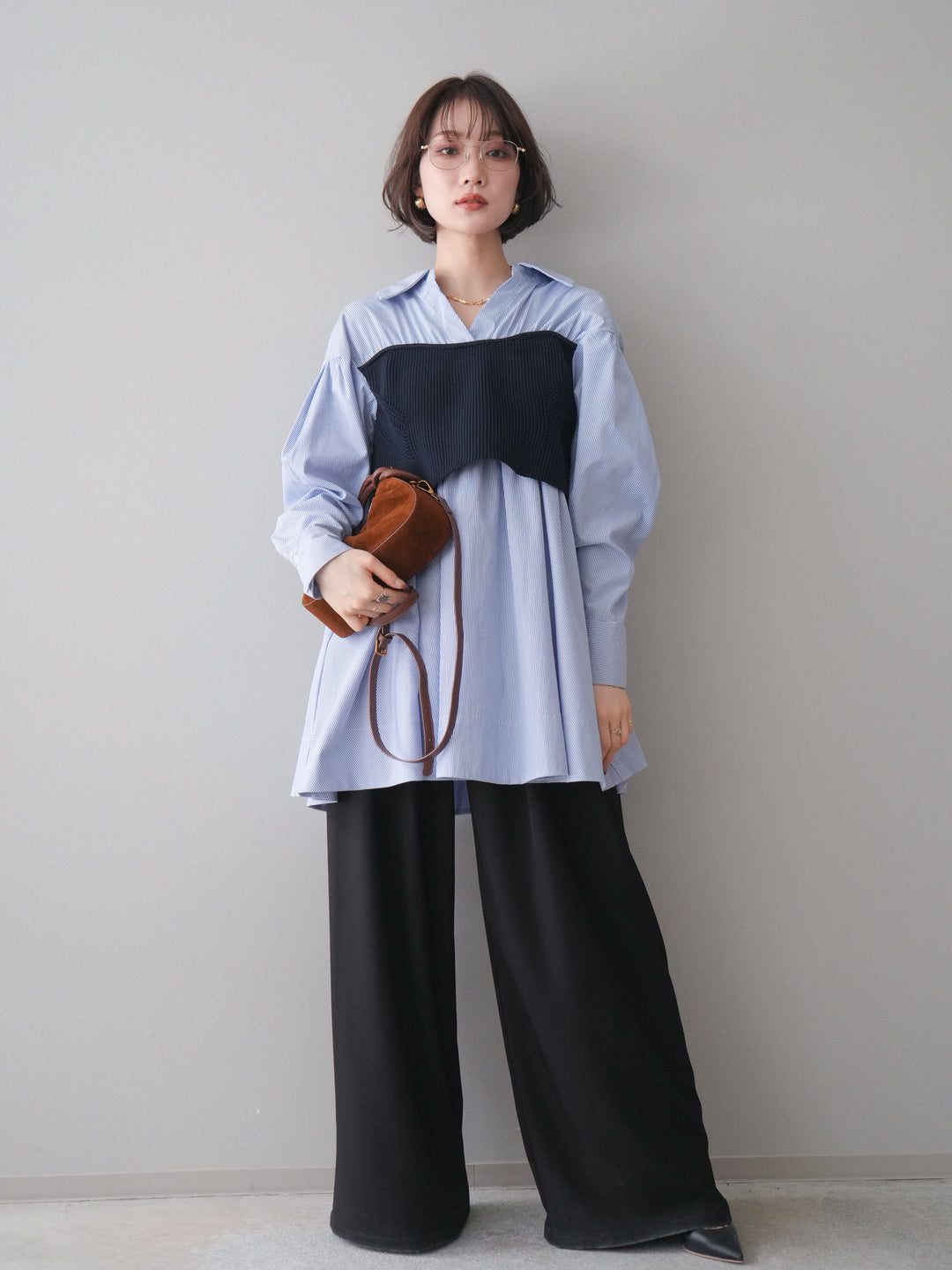 [予約]ニットビスチェドッキングフレアシャツチュニック/stripe