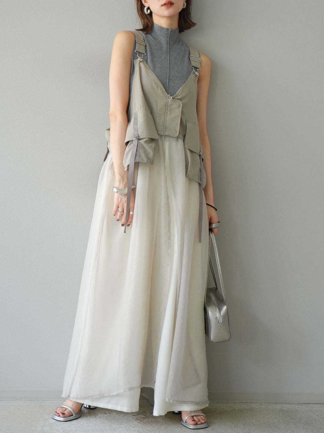 [SET] 戰術背心歐根紗洋裝 + 麻質寬鬆寬褲 (2 件套)