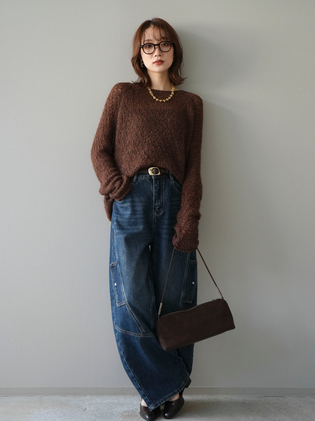 [予約]透かし編みモヘアタッチポコポコニットプルオーバー/brown