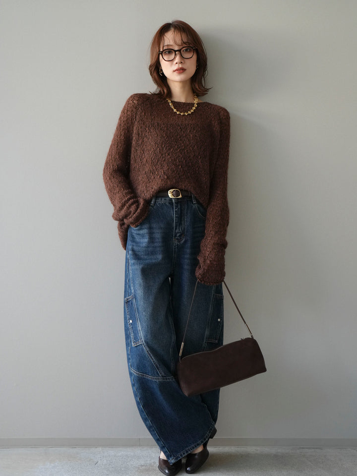 [予約]透かし編みモヘアタッチポコポコニットプルオーバー/brown