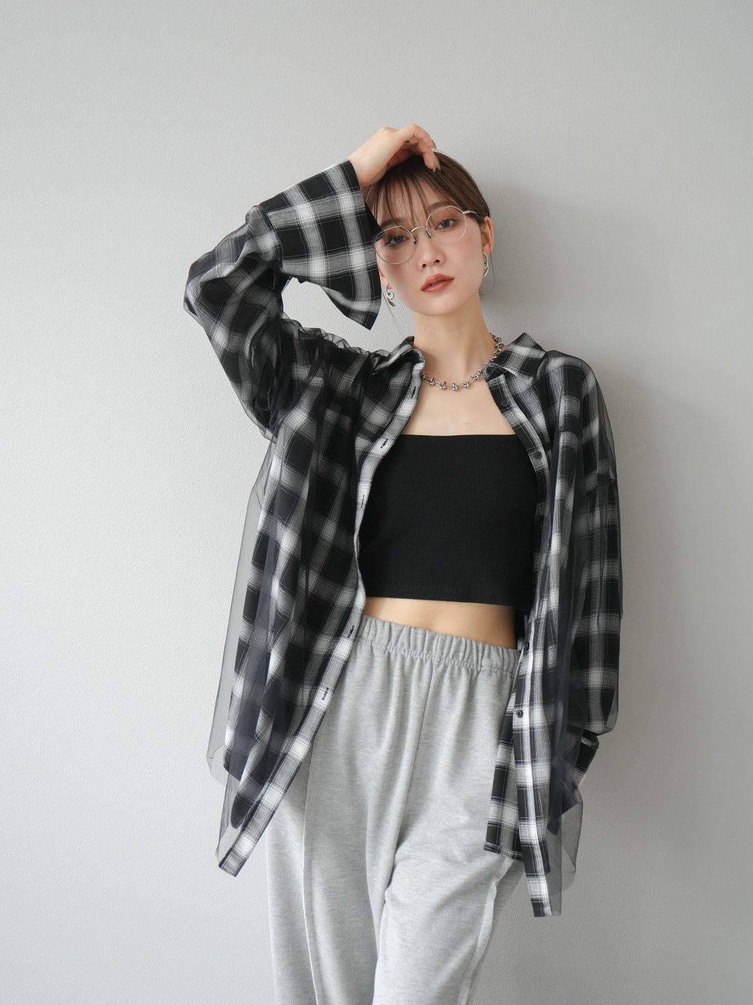 [予約]チュールドッキングチェック柄オーバーサイズシャツ/ブラック