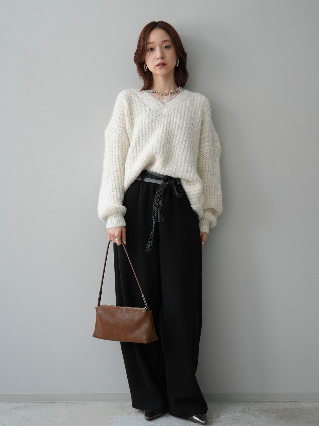 [SET]Vネックレースニットプルオーバー+編み込みベルト付きウエスト配色スエットパンツ(2set)