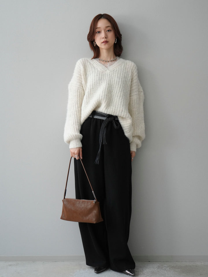 [SET]Vネックレースニットプルオーバー+編み込みベルト付きウエスト配色スエットパンツ(2set)