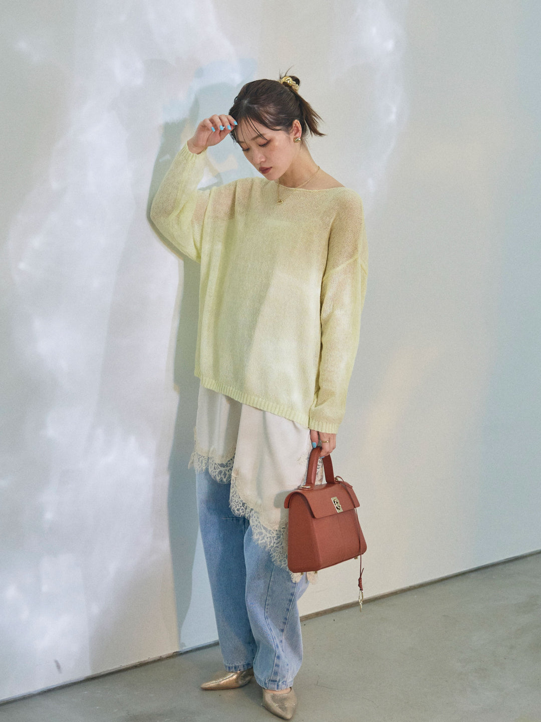 【Allure】[SET]モヘアタッチ透かし編みボートネックニットプルオーバー+アシメカーブデニムパンツ(2set)