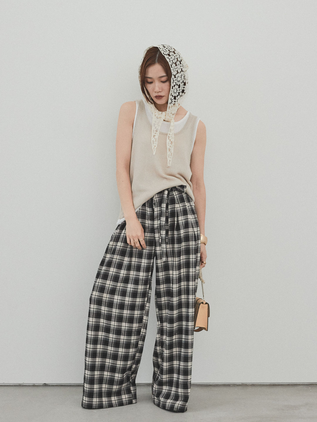 【SET】雙色疊穿針織背心+格紋寬褲（2套）