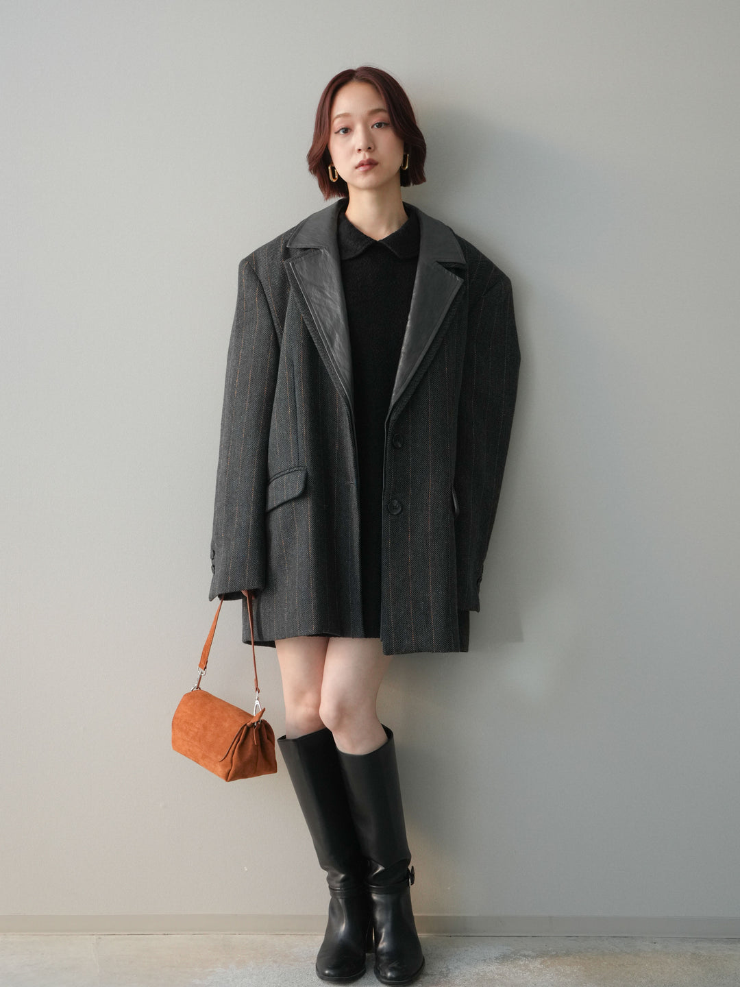 [SET]襟付きブークレミニワンピース+レイヤードデザインツイードテーラードジャケット(2set)