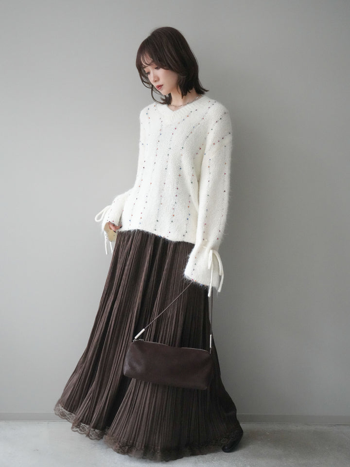 [予約]キャンディースリーブカラーネップスパンコールニットプルオーバー/white