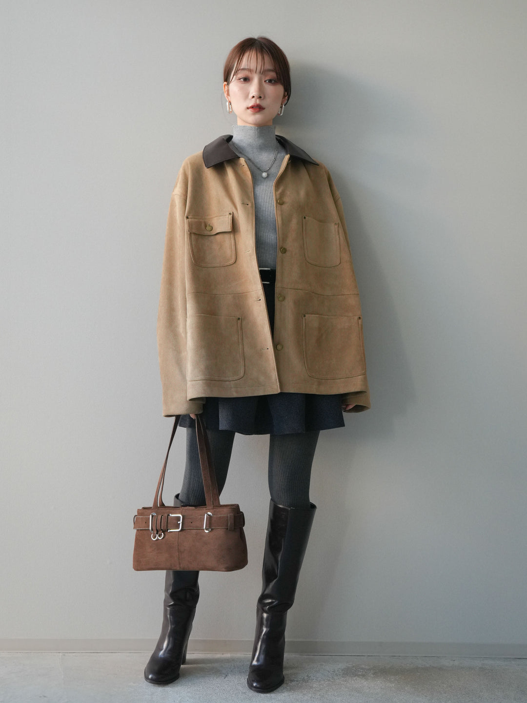 [SET]襟レザーステンカラースエードジャケット+襟レザーステンカラースエードジャケット(2set)