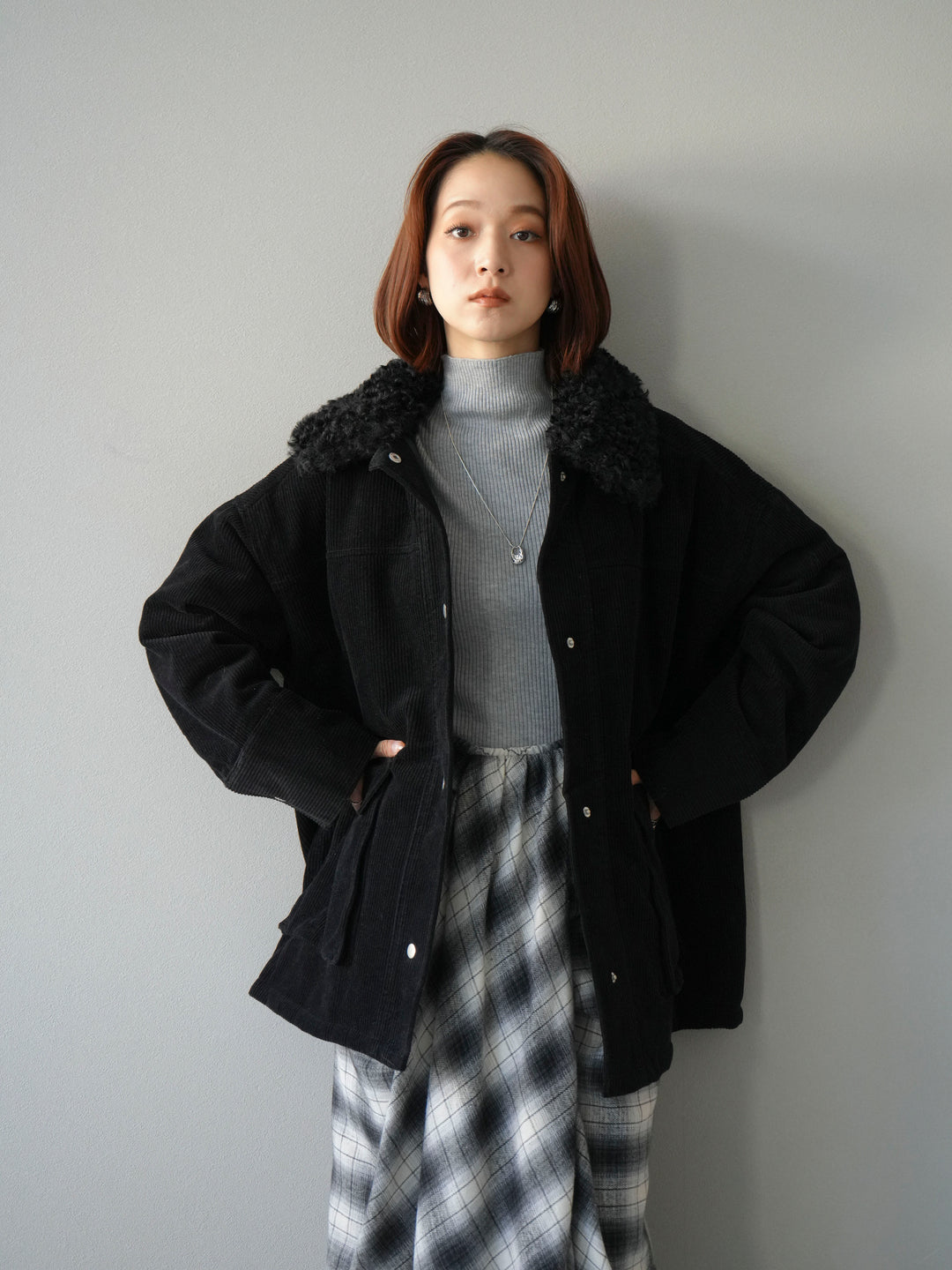 [予約]コーデュロイボア襟フライトジャケット/ブラック