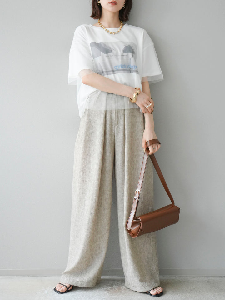 [予約]リネンライクベルト付タックループワイドパンツ/ベージュ