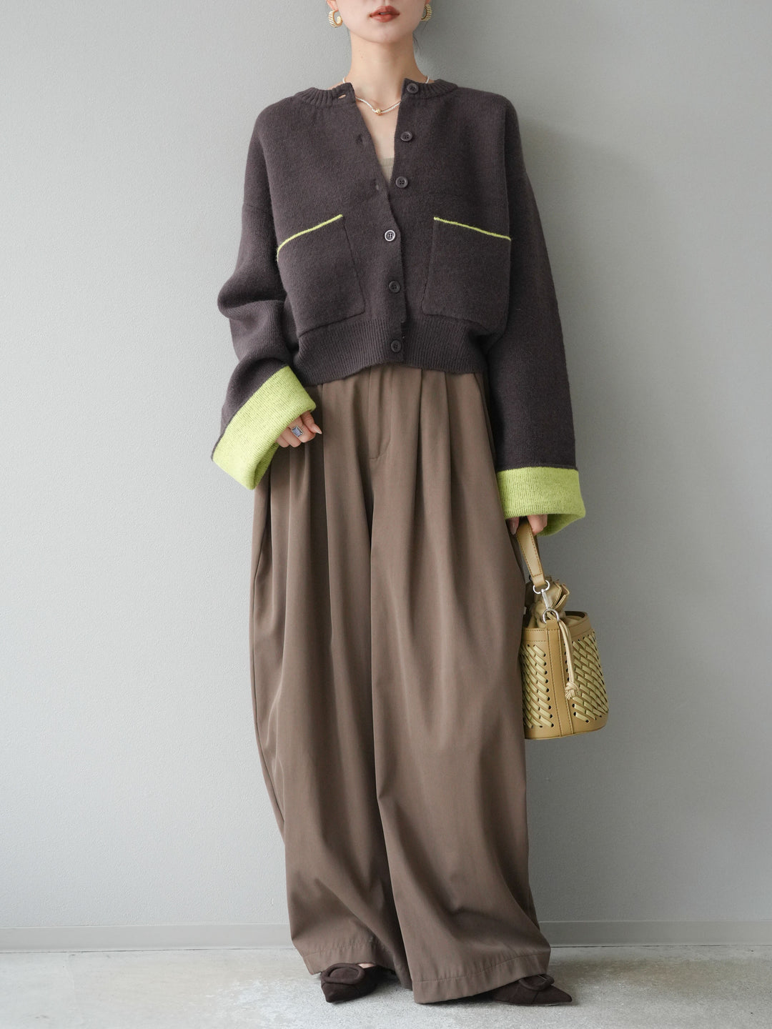 【SET】雙色針織開襟衫+褶襉設計寬褲（2套）