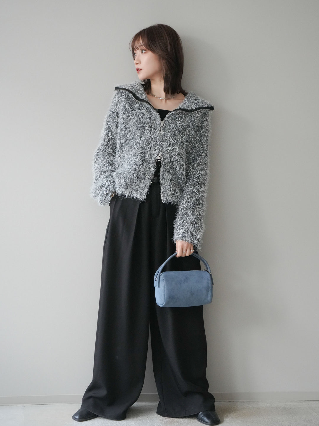 [予約]ミックスシャギージップニットカーディガン/black