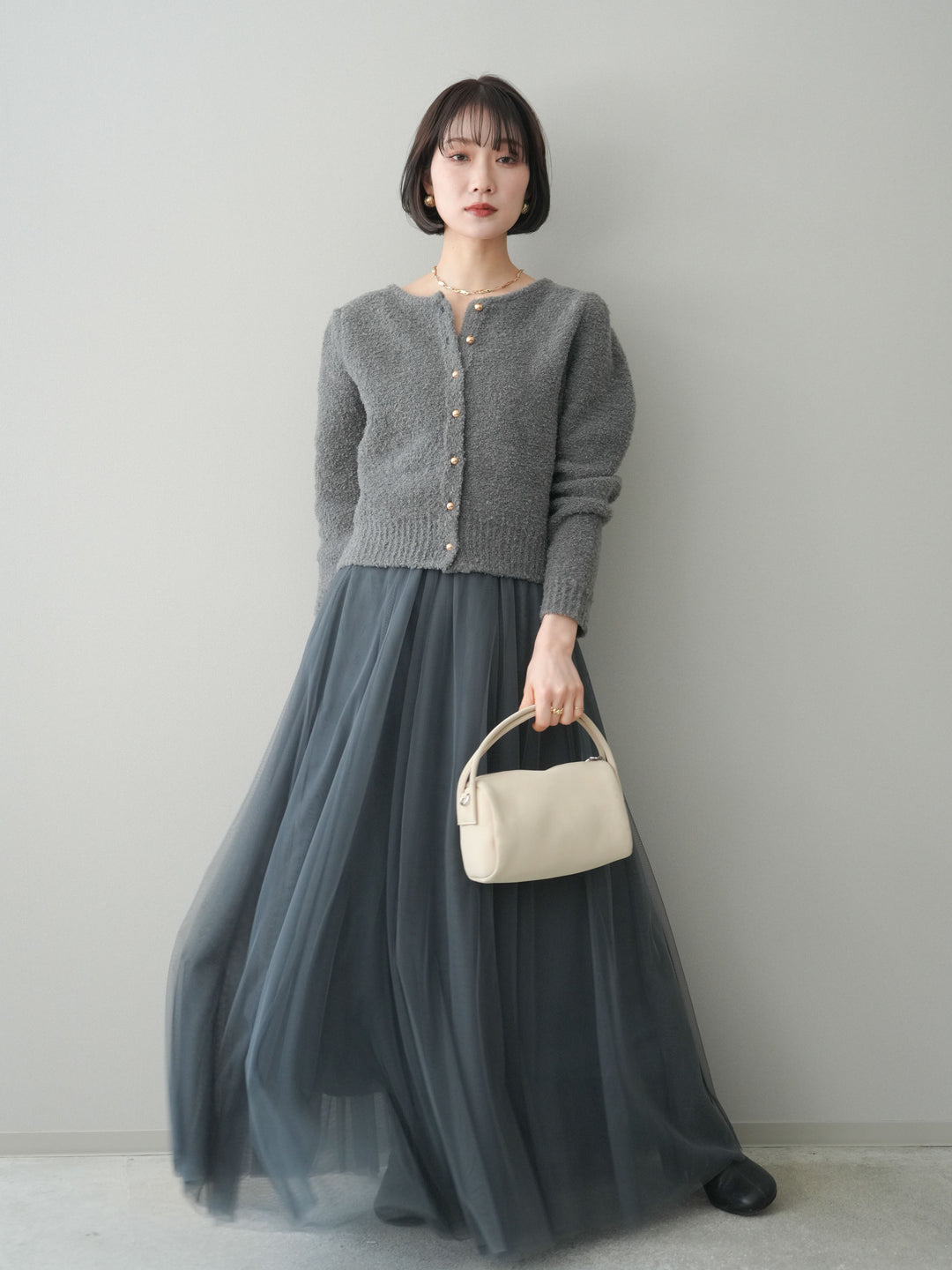 [SET]ゴールドボタンブークレニットカーディガン+チュールボリュームスカート(2set)