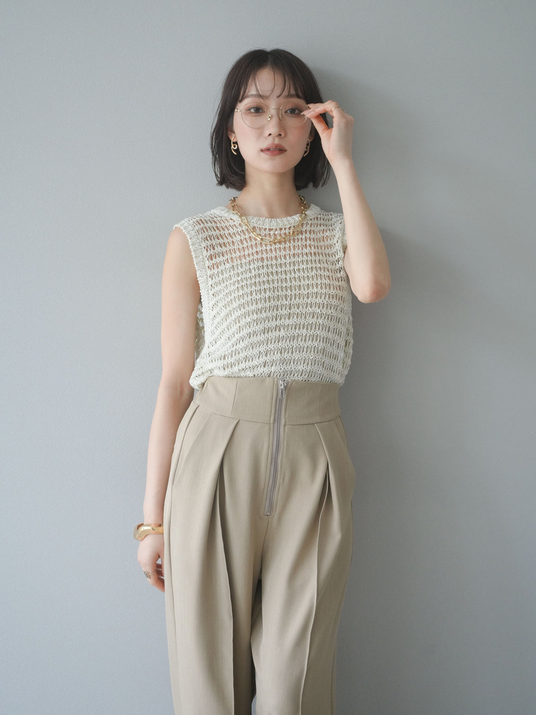 [予約]ミックスヤーン透かし編みニットタンクトップ/アイボリー