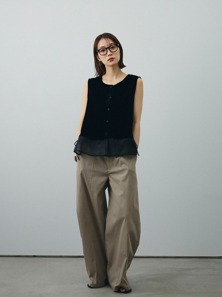 [SET]裾チュールベロアノースリーブプルオーバー+コクーンワイドチノパンツ(2set)