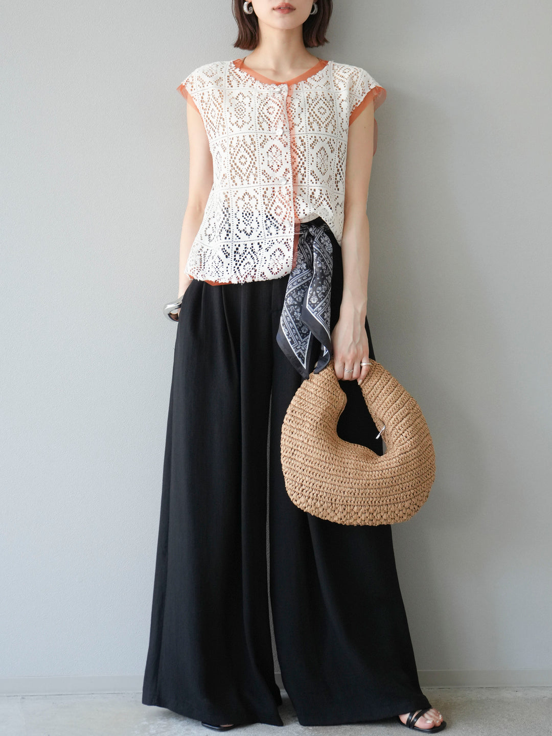 [予約]スカーフベルト付3タックワイドパンツ/ブラック