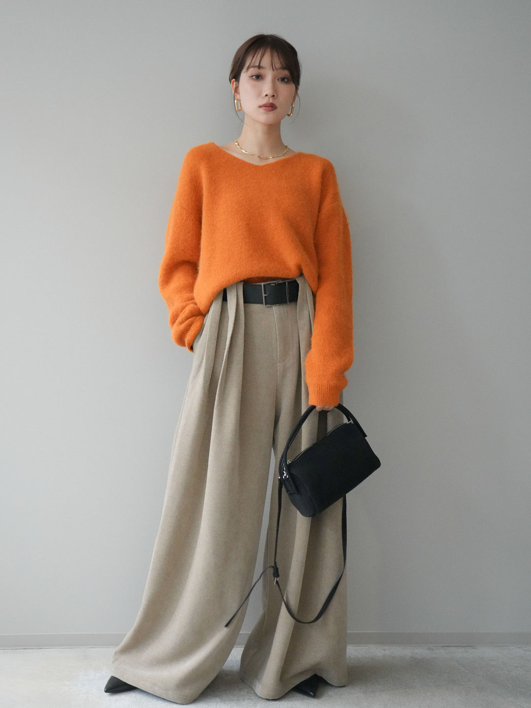 [予約]シュシュ付きアンゴラタッチVネックニットプルオーバー/orange