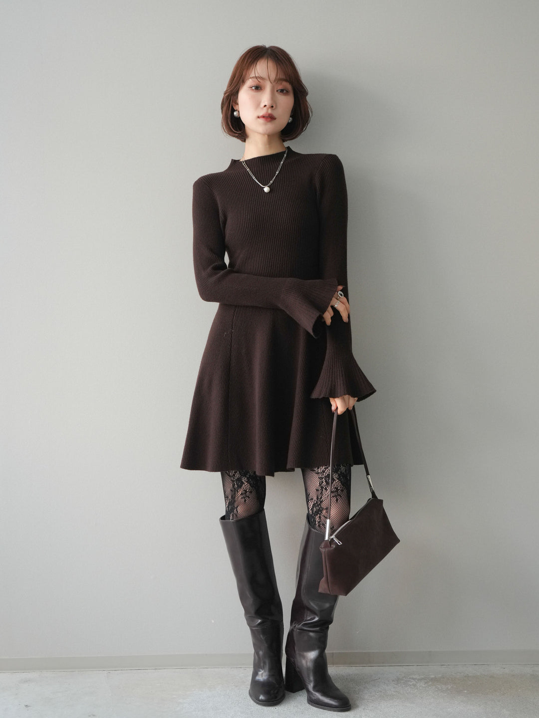 [予約]フレアリブニットミニワンピース/brown