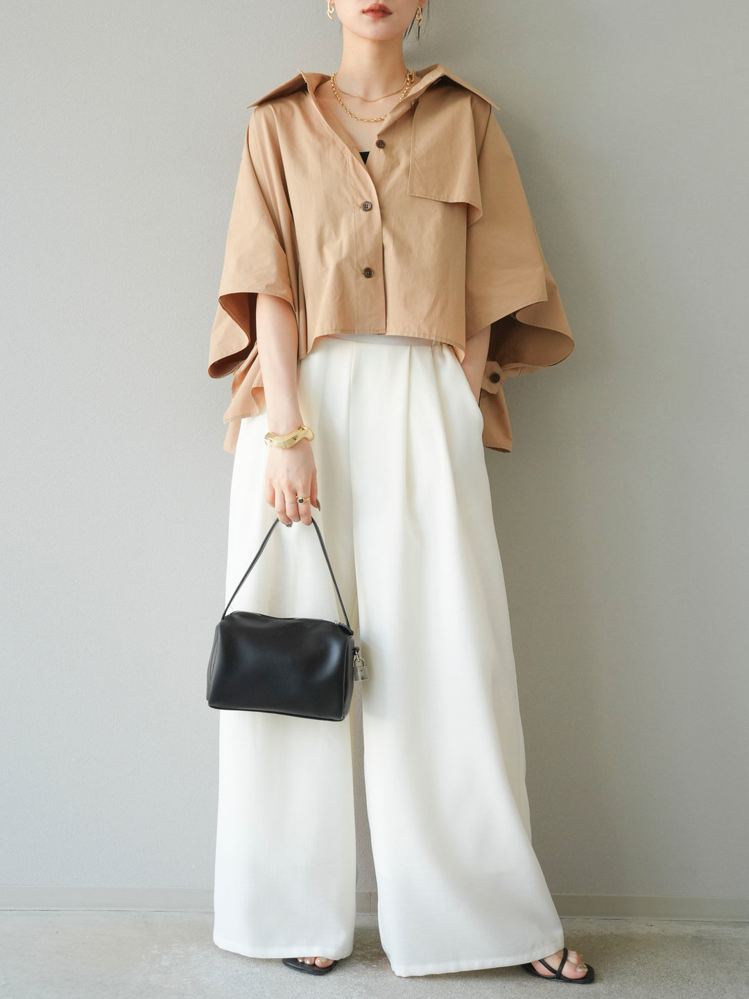 [SET]ポンチョショートシャツ+リネンライクイージーワイドパンツ(2set)