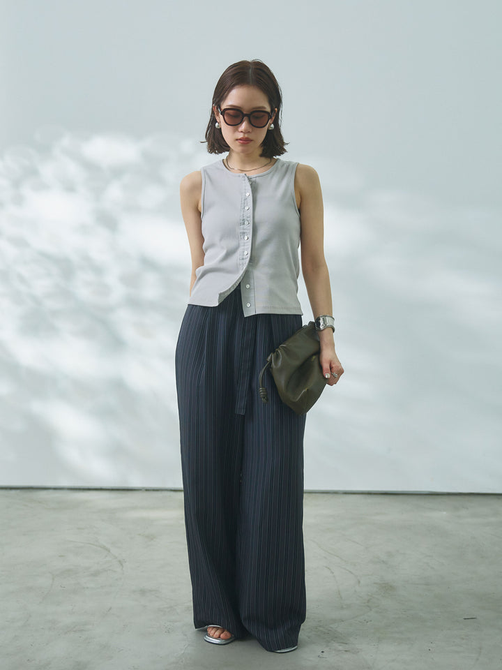 【Allure】[SET]フロントボタンテレコリブタンクトップ+ストライプイージーパンツ(2set)