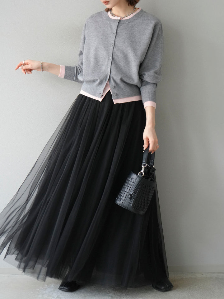 [SET]配色レイヤードカーディガン+チュールボリュームスカート(2set)