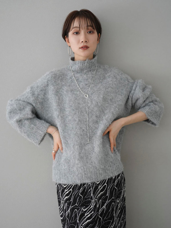 [Pre-order] High-neck wool blend mohair-touch shaggy knit pullover/gray