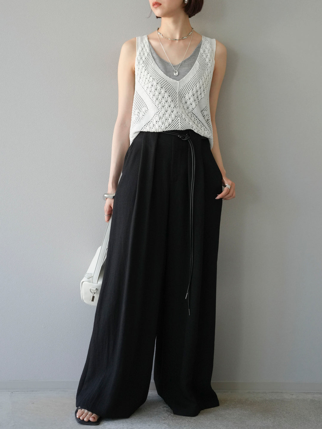 [予約]ロープデザインベルトリネンタッチワイドパンツ/ブラック