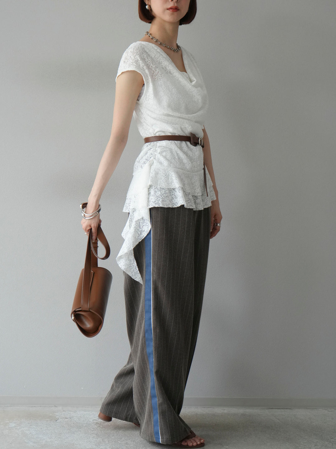 [予約]サイドラインストライプワイドパンツ/ブラウン