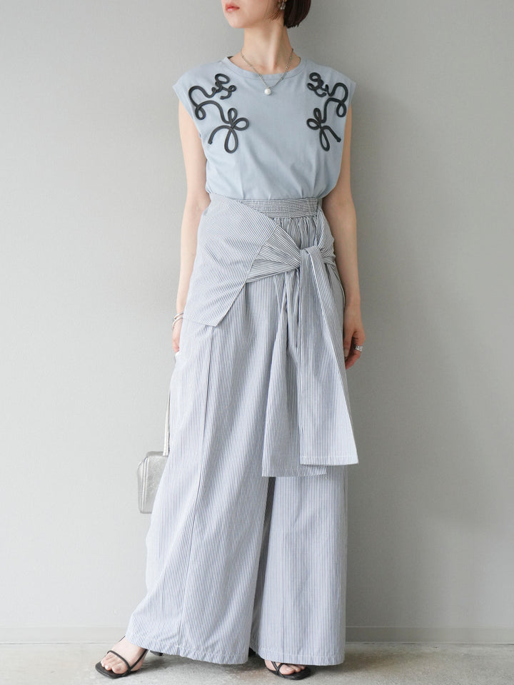 [SET]コード刺繍フレンチスリーブTシャツ+ウエスト巻きストライプイージーパンツ(2set)