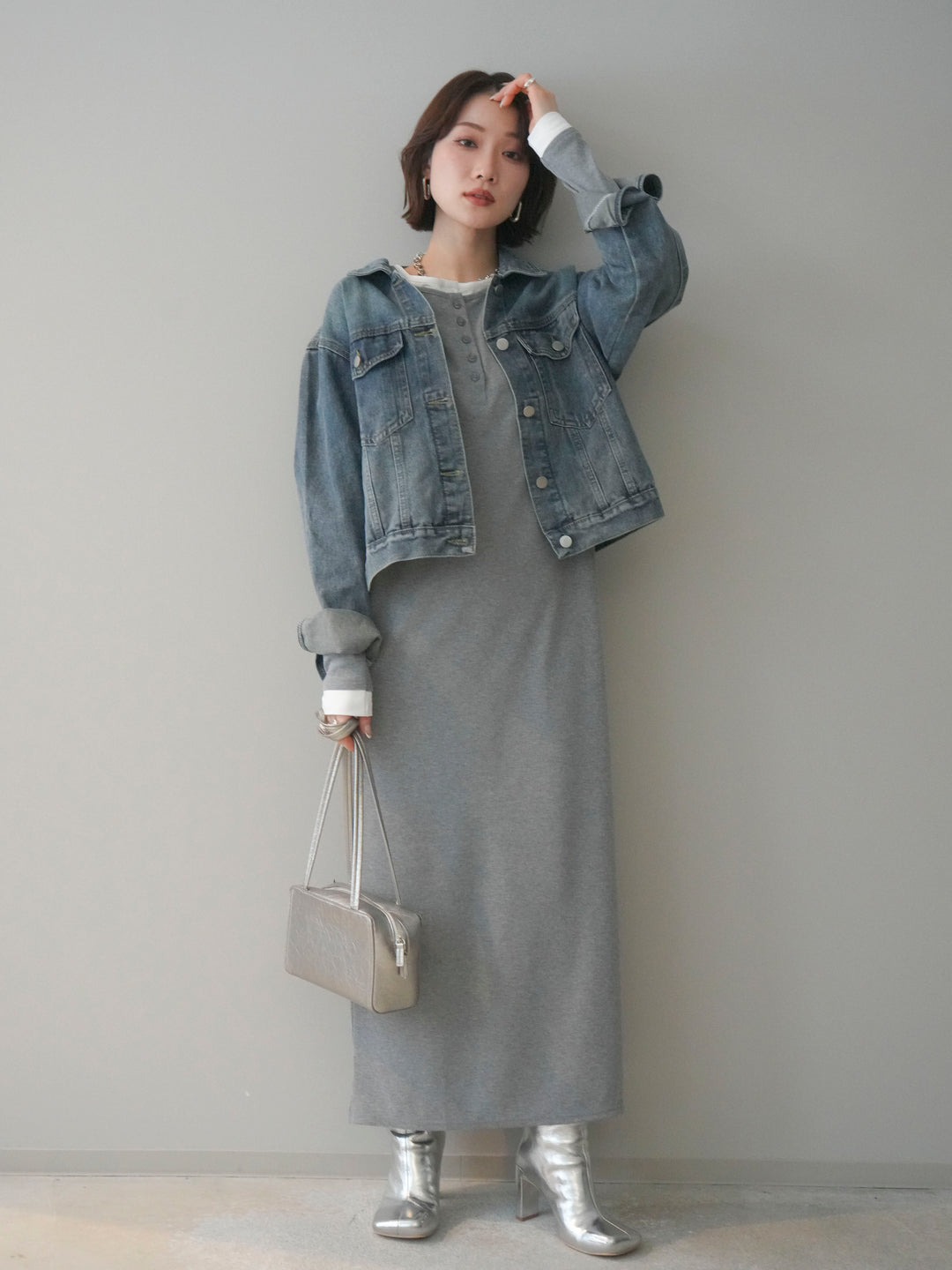 [SET]配色レイヤードヘンリーネックカットリブワンピース+配色ステッチデニムジャケット(2set)