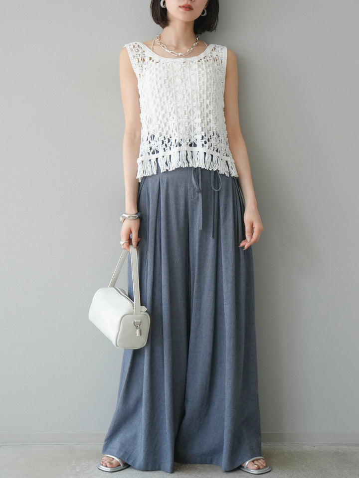 【預購】仿亞麻雙褶設計寬褲/藏青色