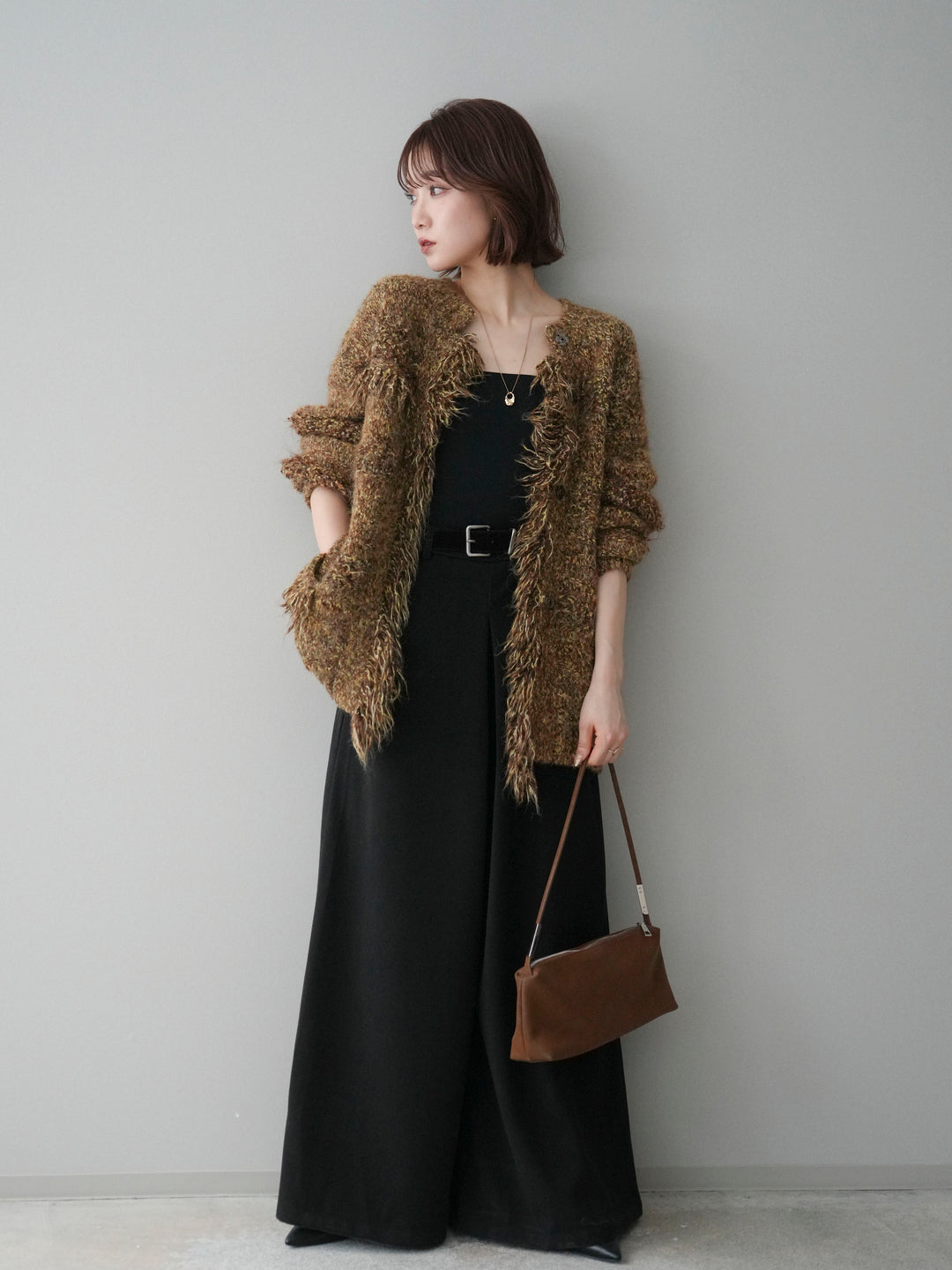 [予約]ベルト付きフロントタックワイドパンツ/black