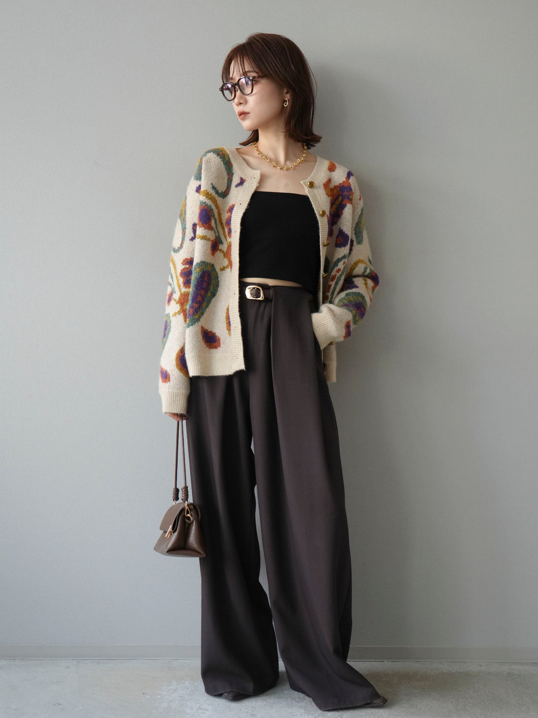 [SET]ミックスヤーンペイズリー柄ニットカーディガン+ベルトループデザインワイドパンツ(2set)