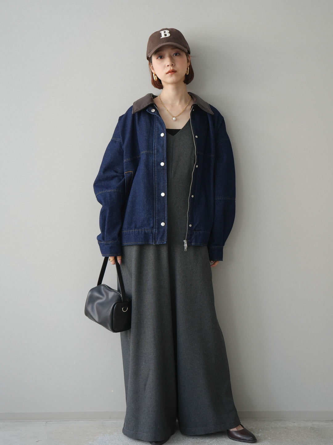 [予約]配色襟レザーデニムブルゾン/indigo
