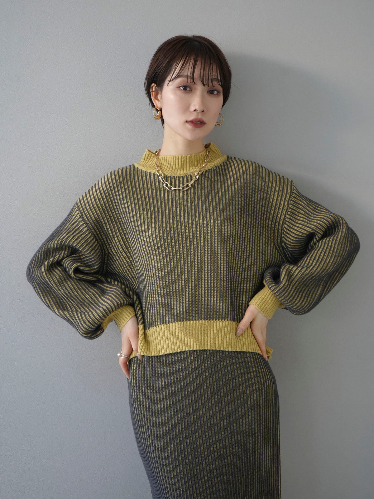 予約]配色ストライプリブニットプルオーバー/イエロー – Lumier