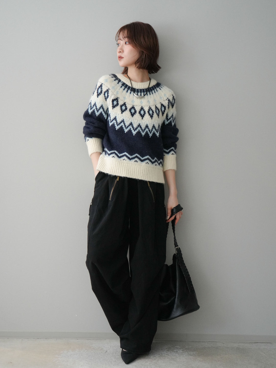 [予約]ノルディック柄ニットプルオーバー/navy