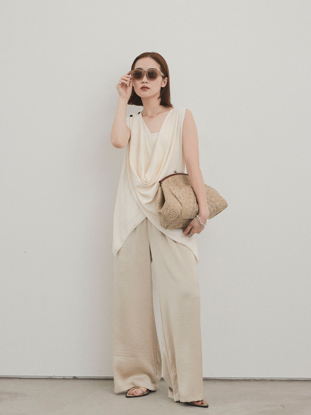 [SET]ドライタッチドレープニットプルオーバー+サテンイージーパンツ(2set)