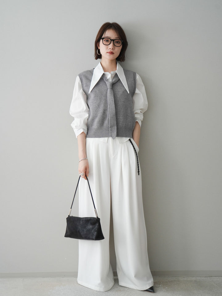 [予約]編み込みベルト付タックワイドパンツ/white