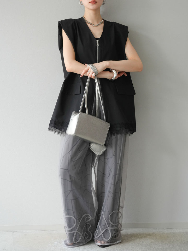 [予約]ビスコースサテンプリントタックイージーパンツ/チャコール