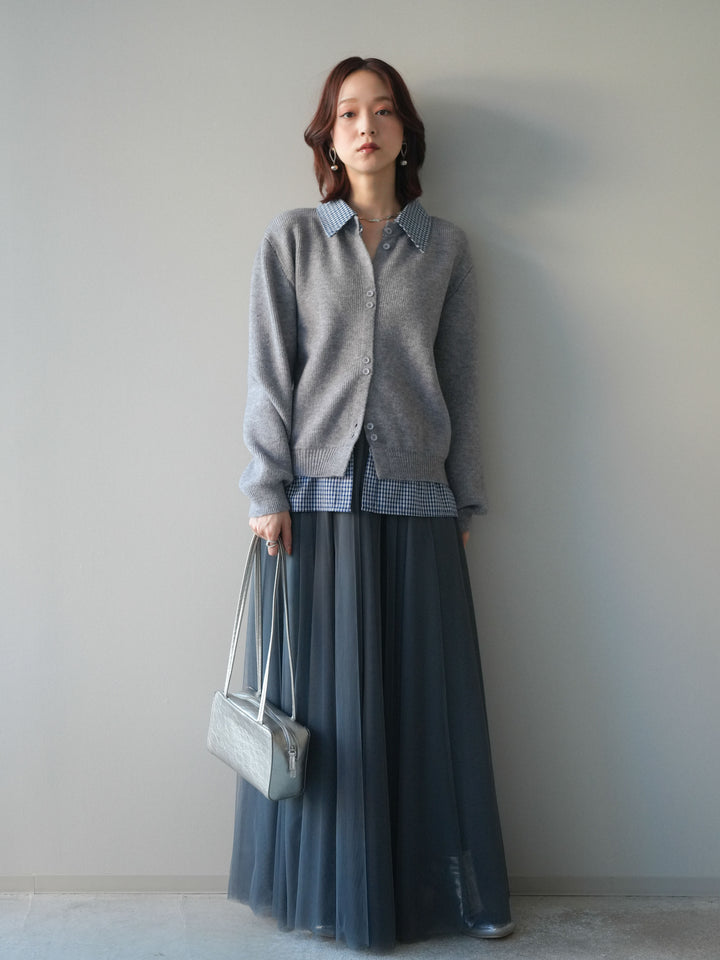 [SET]チェックシャツ襟ニットカーディガン+チュールボリュームスカート(2set)