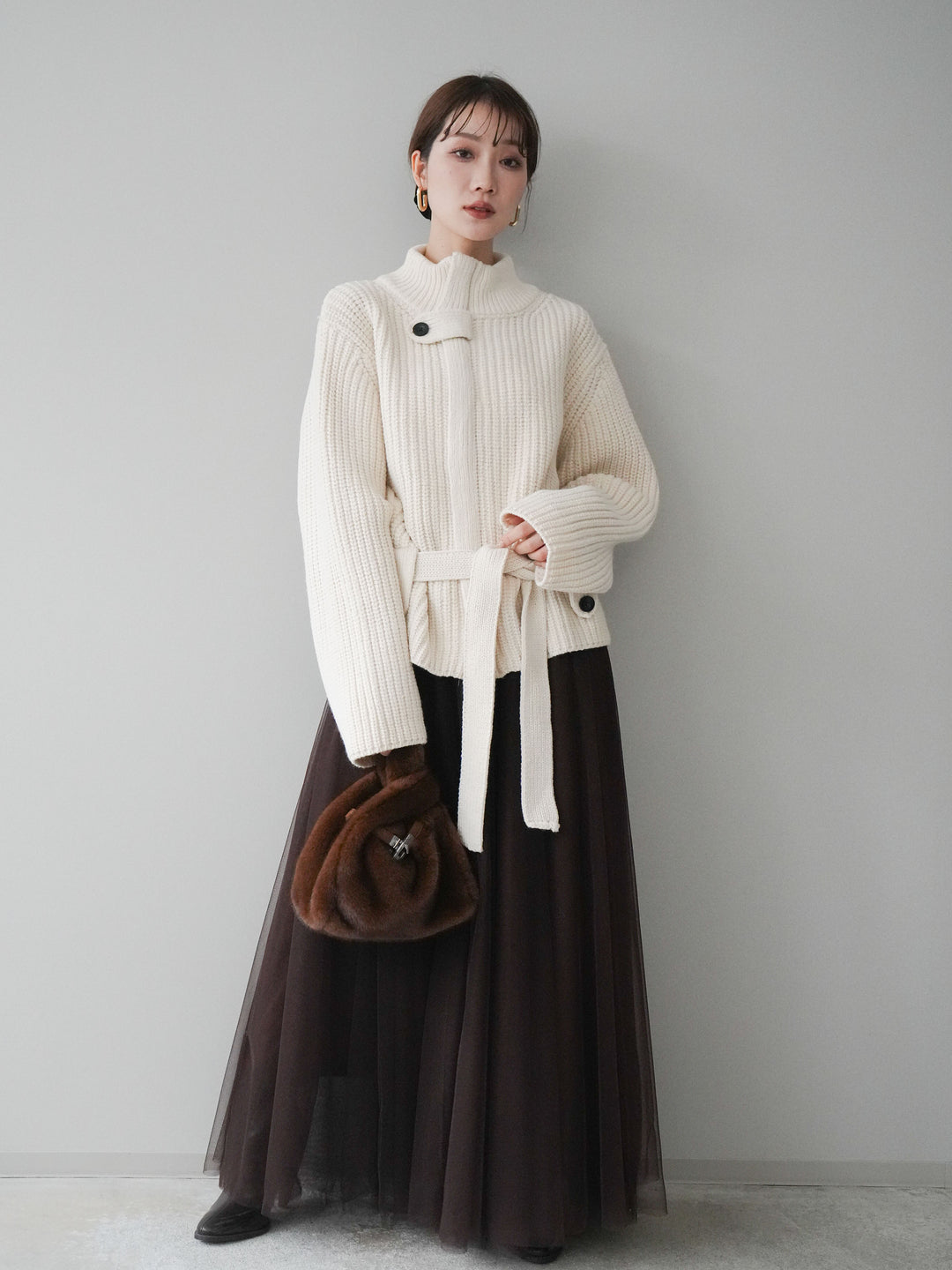 [SET]畦編みボトルネックZIPニットカーディガン+選べるアクセセット(2set)