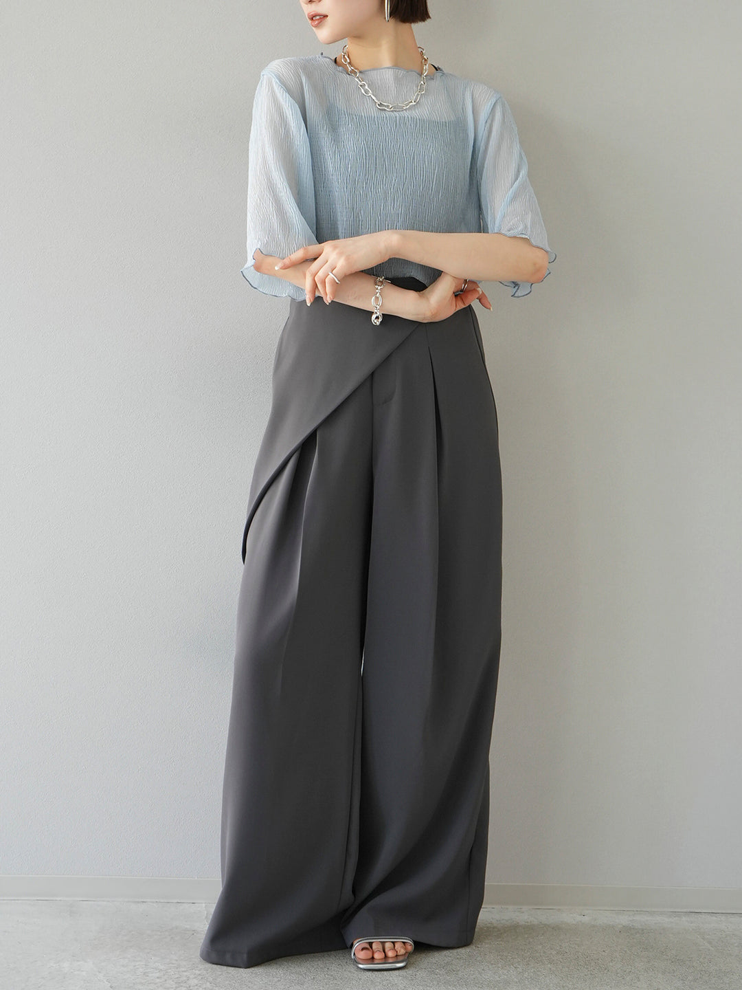 [SET] Willow sheer mellow half sleeve top + wrap wide pants (2set)