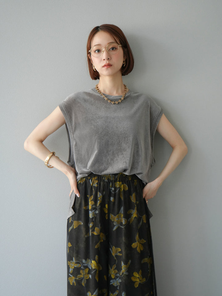 [予約]シアーフロッキーベロアルーズノースリーブTシャツ/チャコール