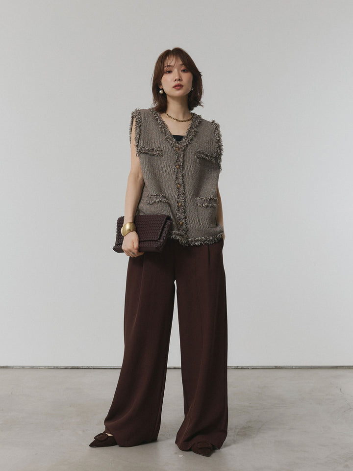 [予約]アンティークボタンツイードフリンジニットベスト/ブラウン